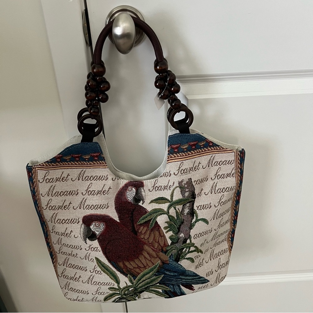 Multi-Colored Jute Zippered Tote Bag with Wooden Bead Handle and Parrot Design